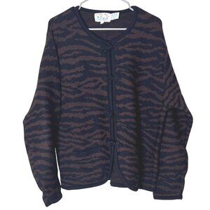 Vintage Tally Ho XL Brown Black Animal Print Knit Cardigan Frog Closure Korea